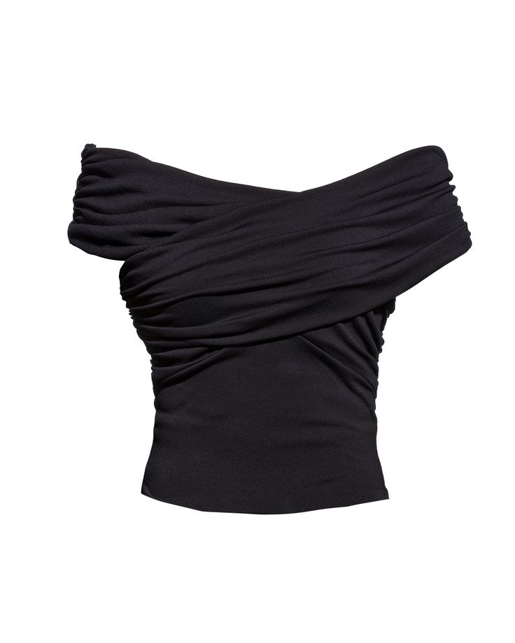 Our Joni Crossover Top is the perfect way to make a statement! Made of super stretchy liquid jersey crepe, this flattering off-the-shoulder top features ruching on the bodice and sleeves. For an all black ensemble that'll turn heads, pair it with our Joni Convertible Skirt! True to size for a fitted look - you won't want to miss out on this fabulous piece! Dry clean only. A sleeveless plus size top means versatility for workwear and weekend outfits AS by DF Joni Crossover Top | Black | Tops | Ma Luxury Black Crop Top With Boned Bodice, Luxury Black Scoop Neck Tops, Luxury Fitted Black Crop Top, Luxury Fitted Bodice Black Top, Tops For Women Uk, Luxury Black Fitted Bodice Top, Designer Tops For Night Out, Cheap Fitted Party Tops, Cheap H&m Tops For Night Out