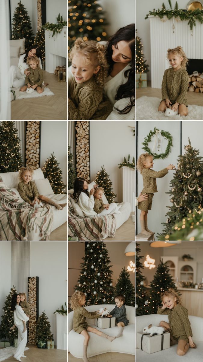 a collage of photos showing children decorating the christmas tree in their living room