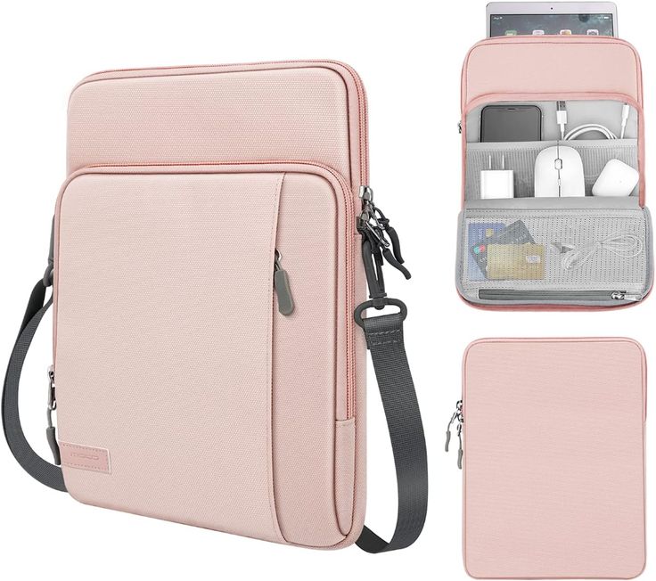 an open pink laptop bag with multiple compartments