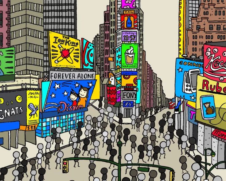 this is an image of people walking in the street with billboards and buildings on both sides