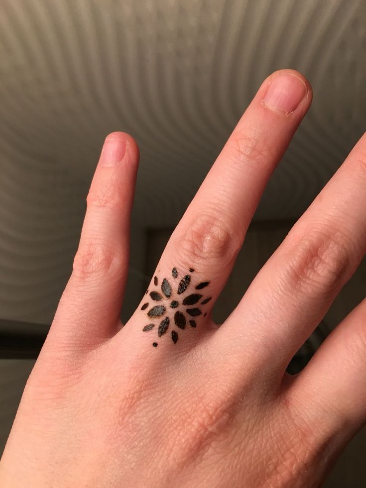 a person's hand with a small tattoo on the middle finger that has a flower design