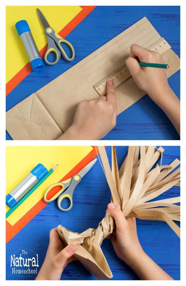 two pictures showing how to make a paper bag with scissors and glue on the side