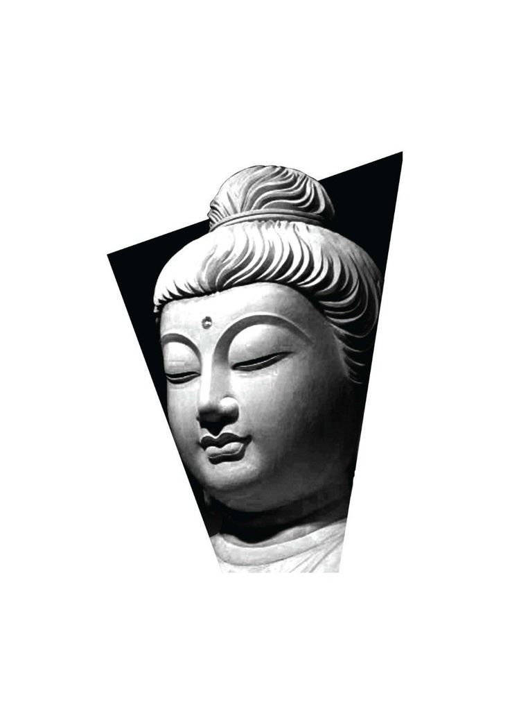 a black and white photo of a buddha statue with its eyes closed in the shape of a triangle