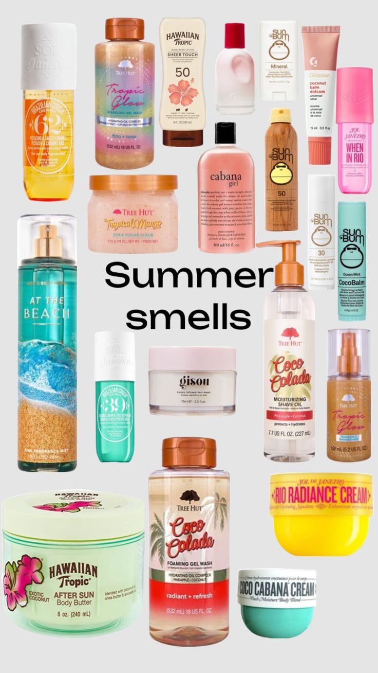 Summer smells! #summer Summer Shower Products, How To Smell Like Tropical, Summer Scents Perfume, Summer Scent Combos, Summer Needs Products, How To Smell Like The Beach, How To Smell Like Summer, Summer Hygiene, Perfume For Summer