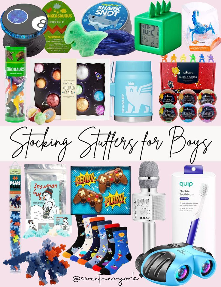 various items for boys with the words stocking stuff for boys on top and bottom