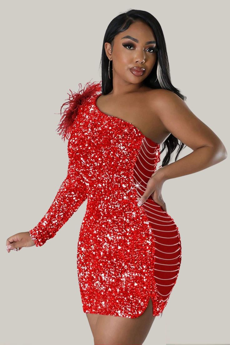 Step into the spotlight with our Divine Embellished One-Shoulder Sequin Dress in ravishing red. Perfect for party glamour, this bodycon dress is adorned with contrast sequins, delivering a luxurious sparkle to every step. The asymmetrical neck and leg-of-mutton sleeves add a touch of drama, while ruched details and a seductive split showcase your style prowess. The high-stretch sequin fabric ensures a snug yet comfortable fit, embracing your natural waistline and tapering into a chic pencil hem. Asymmetrical Neckline Party Dress, Glamorous One Shoulder Dress For Gala Party, Glamorous One-shoulder Dress For Gala Party, Party Season Embellished One-shoulder Cocktail Dress, Sequined Bodycon Dress For Club And Holiday, Embellished Sequin Dress With Asymmetrical Neckline For Evening, Bodycon Mini Dress With Asymmetrical Neckline For Party, Embellished Sequin Dress With Asymmetrical Neckline For Night Out, Glamorous One-shoulder Embellished Mini Dress