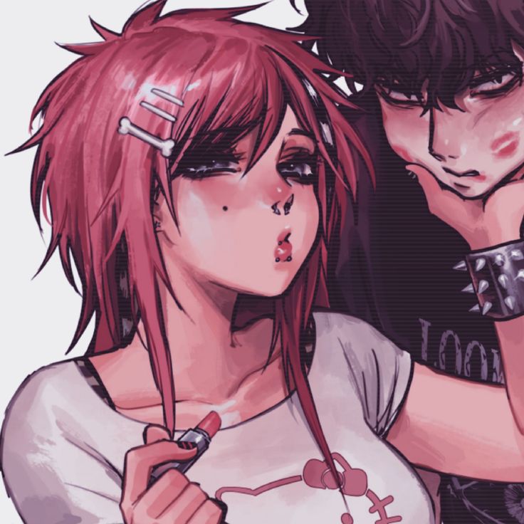 two anime characters with red hair and piercings