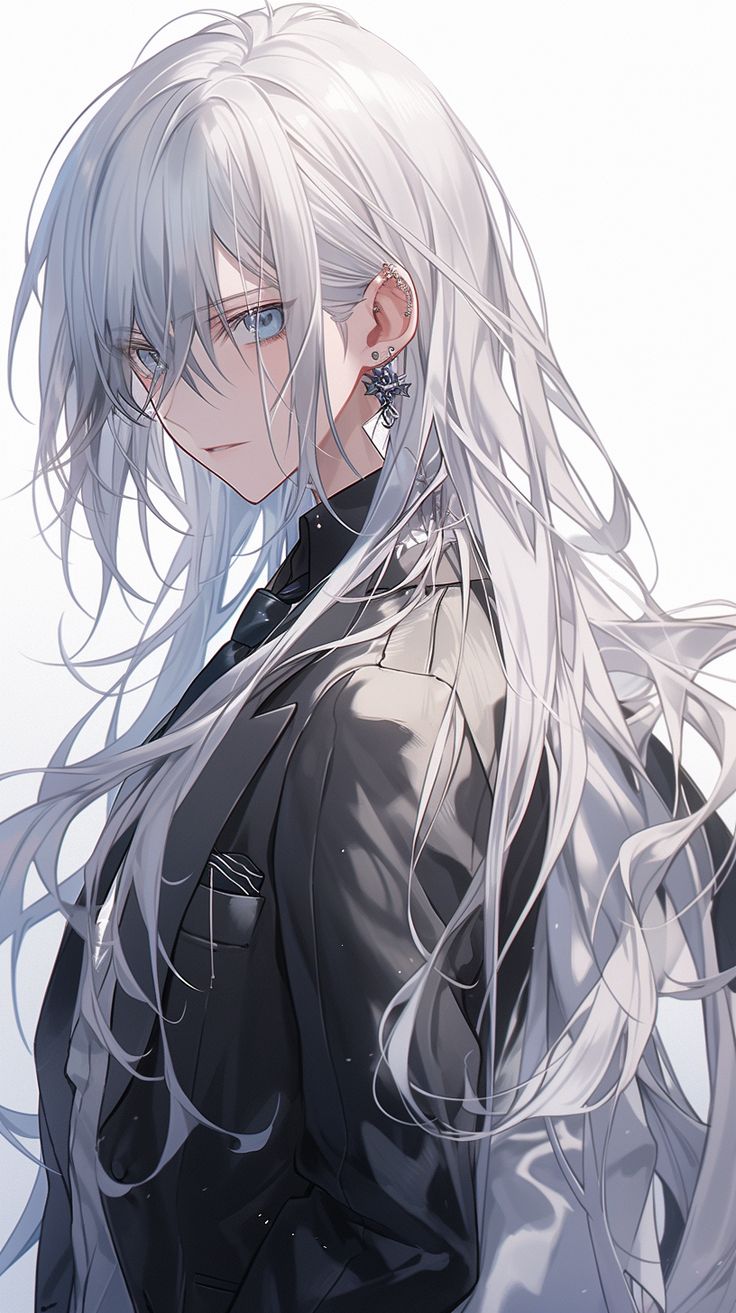 an anime character with long white hair and blue eyes, wearing black clothes in front of a white background