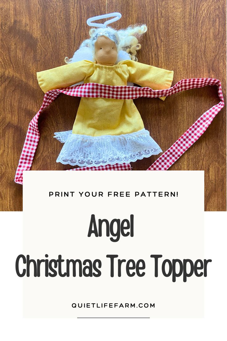 an angel christmas tree topper with text overlay that reads print your free pattern