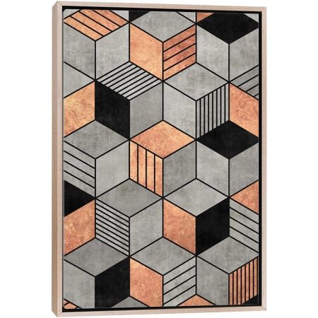 an abstract painting with orange, black and grey squares