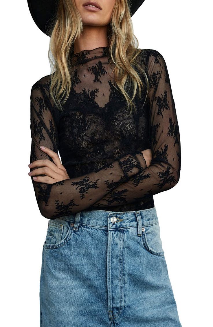 Free People Lady Lux Layering Top | Nordstrom Lace Tee Shirt, Lace Shirts, Long Sleeve Layering, Mesh Tops, Lace Tshirt, Lace Tee, Aesthetic T Shirts, Slim Fit Top, Top Streetwear