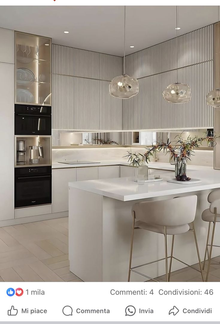 an image of a modern kitchen setting with white countertops and stools in the center