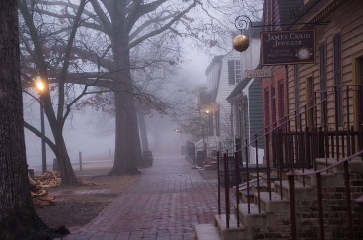 a foggy street with trees and buildings on the side walk in front of it