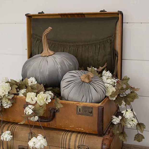 two pumpkins are sitting on top of an old suitcase