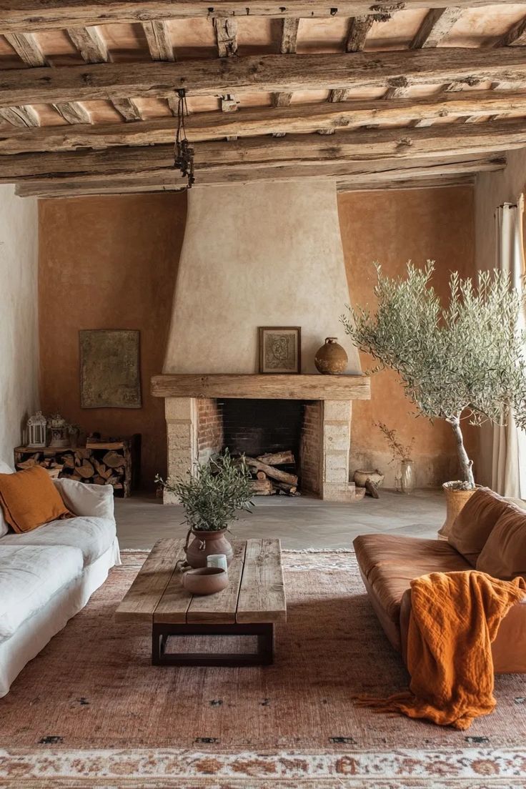 a living room filled with furniture and a fire place in the middle of a room