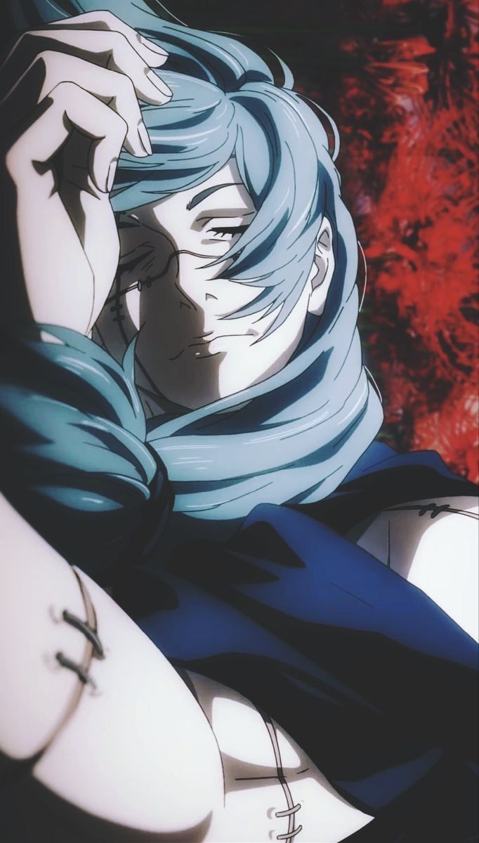 an anime character with blue hair holding his hand to his face