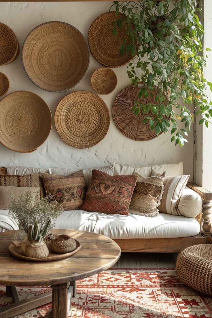 a living room filled with lots of wicker baskets on the wall above a couch