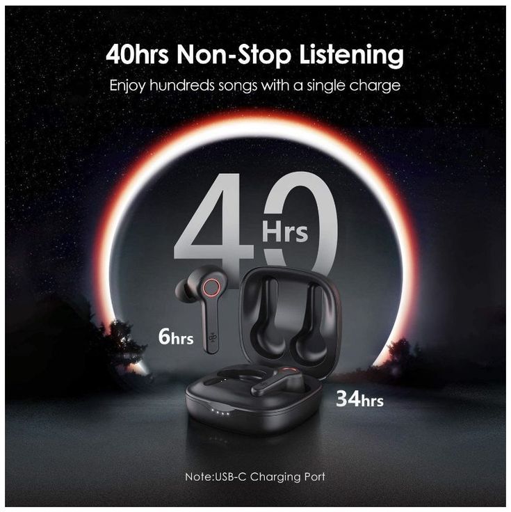 an advertisement for the new headphones that are available in black and red colors, with text reading 40 hrs no - stop listening enjoy hundreds songs with a single charge