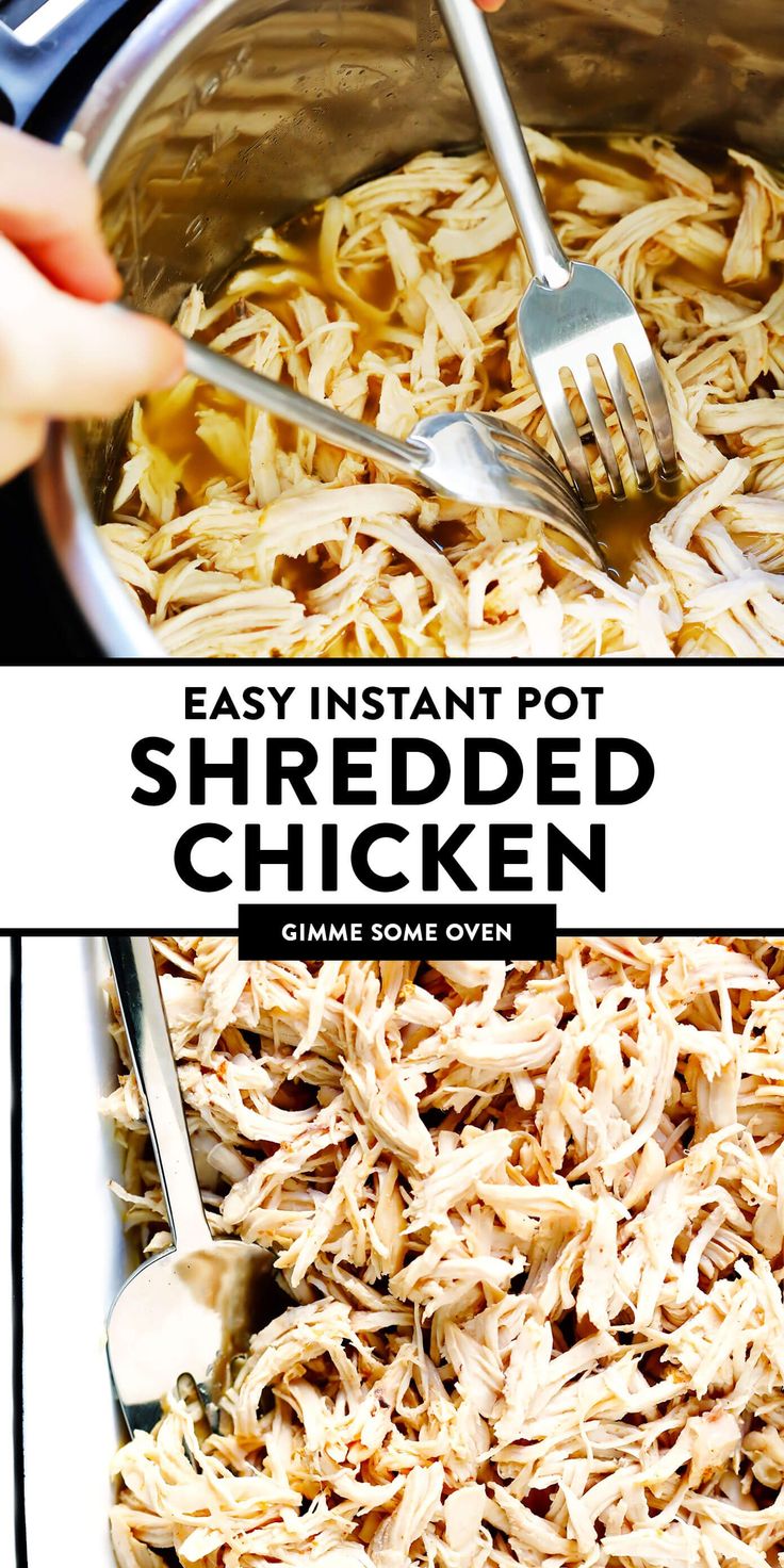 shredded chicken being cooked in a pot with a fork and spoon next to the bowl