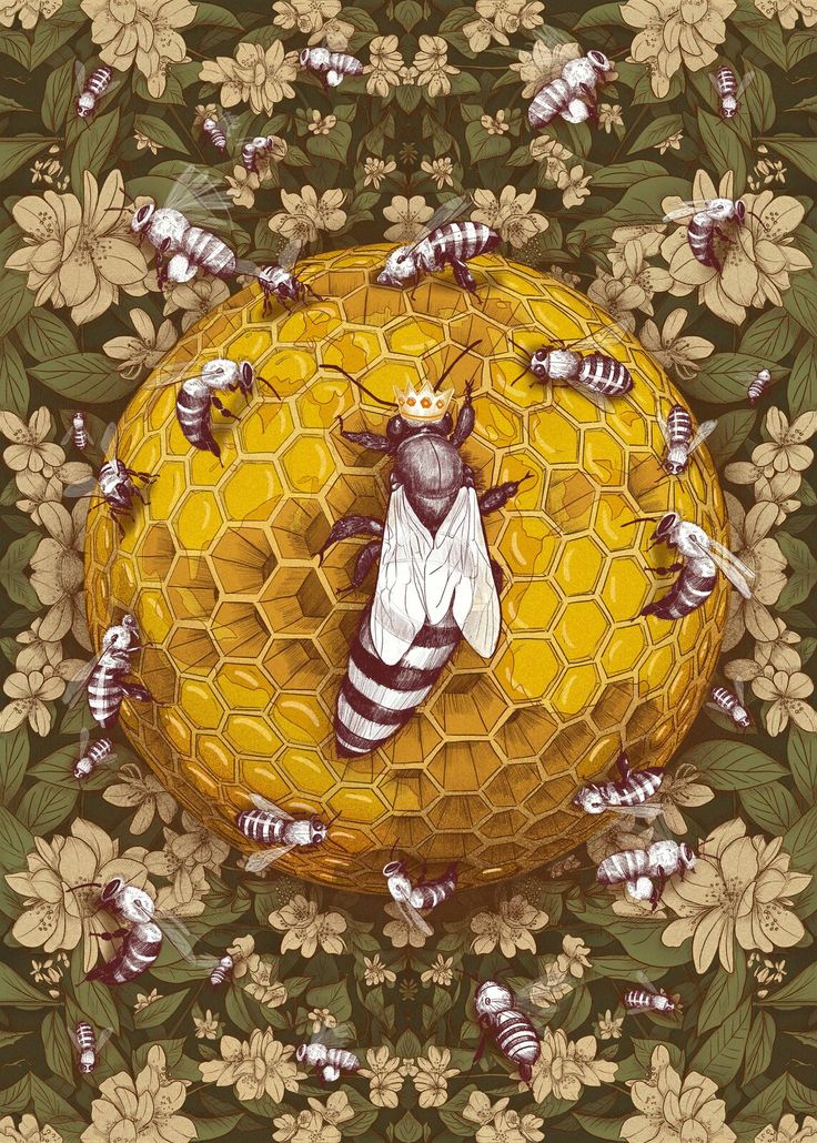 a painting of bees and honeycombs on a floral background