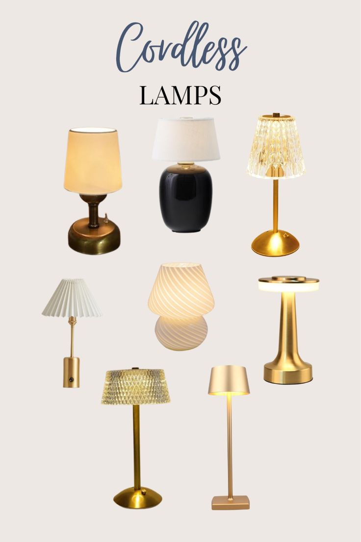 a collection of lamps with different shades and sizes on them, including one lamp that is turned on