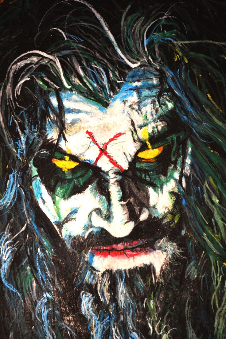 a painting of a man with green hair and yellow eyes