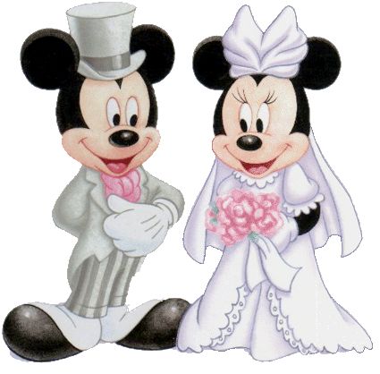 two mickey and minnie mouses dressed up in wedding attire, standing next to each other