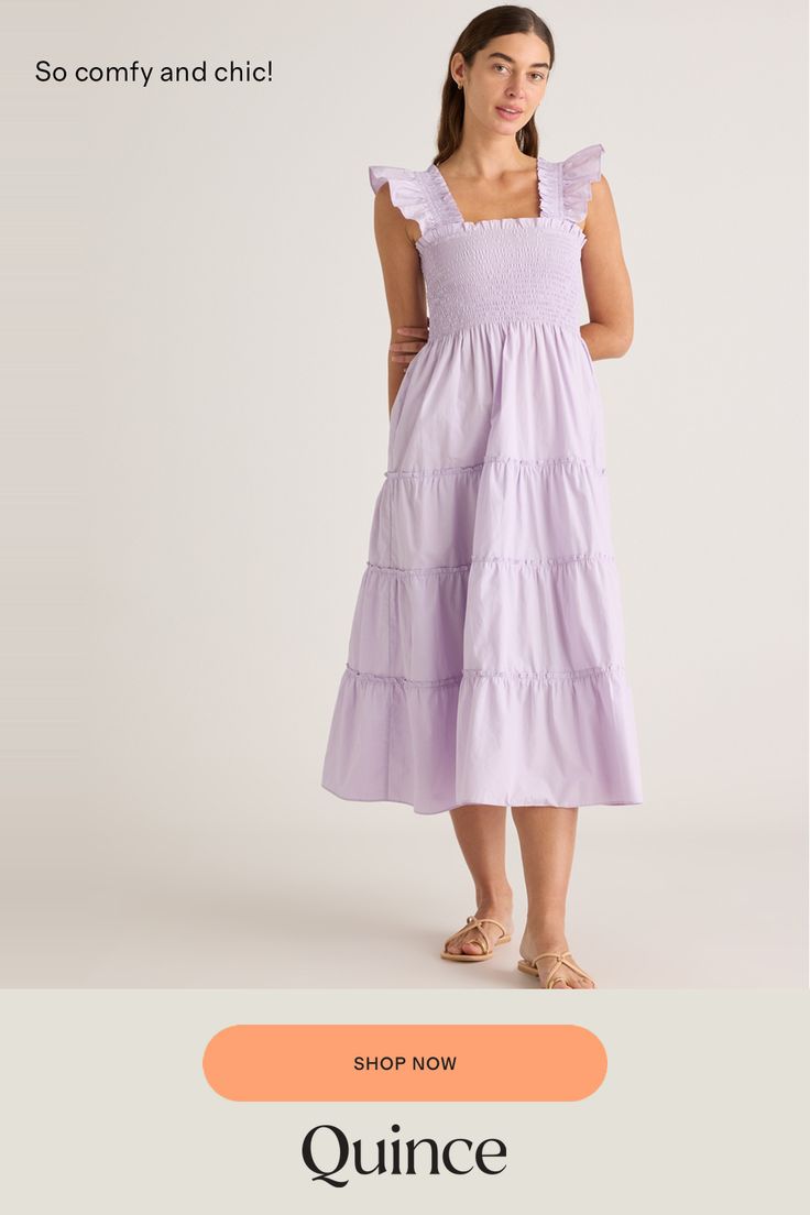 This floaty, flirty, light dress is about to become your fave for summer. Flattering A-line cut, smocked elasticated top, tiered poplin skirt. The sleeveless style has ruffle detailing and all in breathable, natural 100% organic cotton poplin. It's soft, comfy, and the midi-length has the potential to be dressed up or down.  | Quince | Women's Smocked Midi Dress in Pastel Lilac, Size XL, Organic Cotton Summer Smocked Tiered Flowy Dress, Feminine Cotton Smocked Summer Dress, Summer Smocked Flowy Dress For Daywear, Summer Smocked Dress With Ruffle Hem For Daywear, Beach Smocked Midi Dress With Ruffle Hem, Summer Tiered Smocked Dress For Daywear, Tiered Smocked Dress For Summer Daywear, Beach Midi Smocked Dress With Ruffle Hem, Feminine Smock Midi Dress For Summer