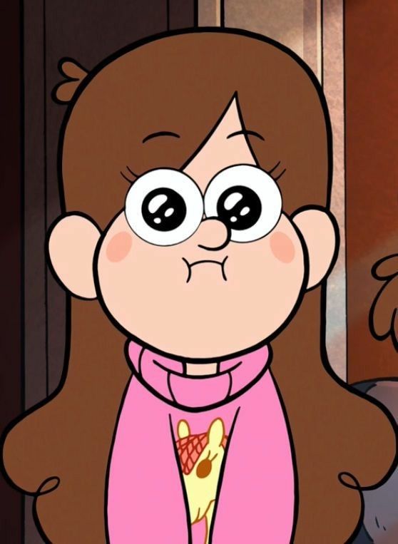 an animated image of a woman with brown hair and big eyes wearing a pink sweater