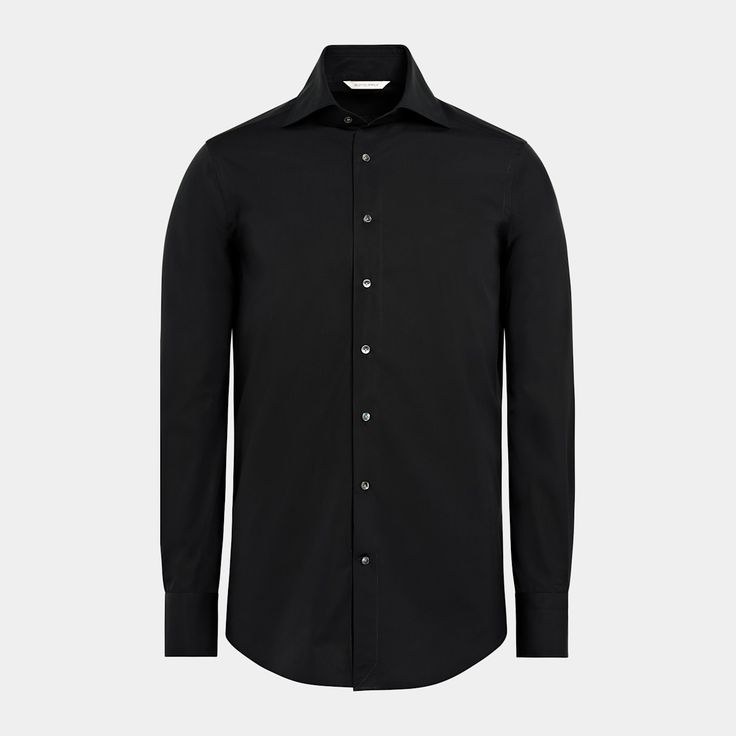 This stylish jet-black button-up is tailored to a tailored fit and is crafted in a fine twill weave with a pronounced high widespread collar, single cuff, and French placket. Black Weave, Tuxedo Pants, Twill Weave, Slim Fit Shirt, Egyptian Cotton, Black Button, Mulberry Silk, Jet Black, Workout Shirts