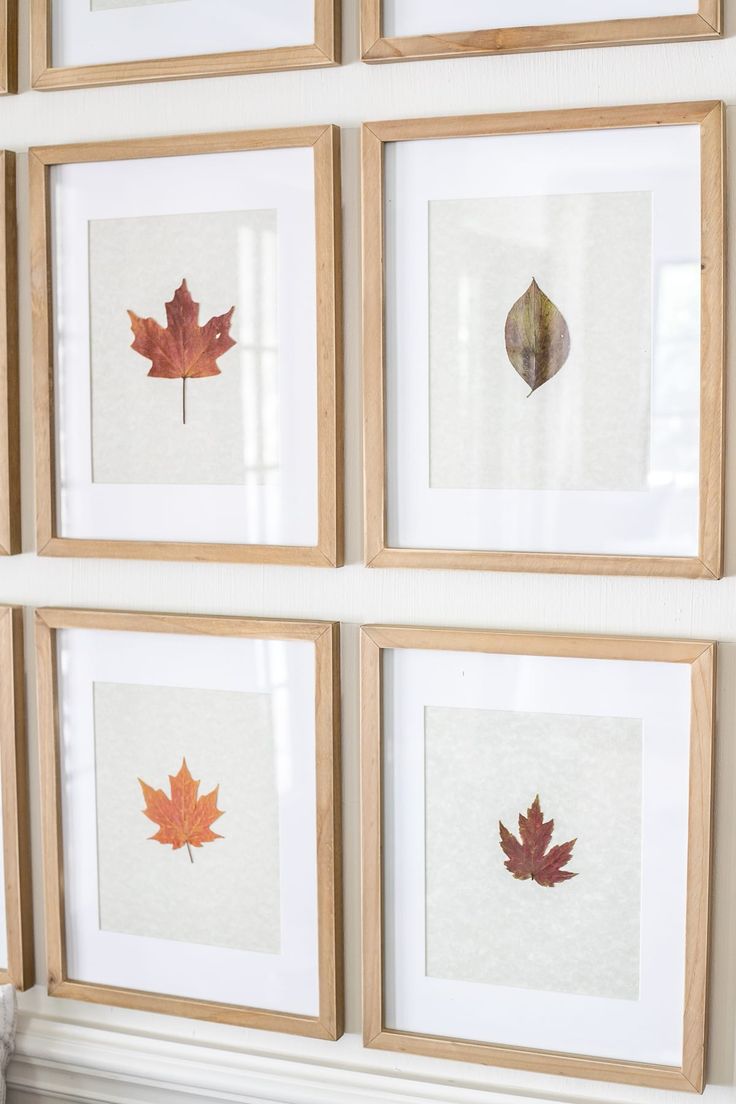 four framed pictures with leaves on them in front of a fireplace mantel and mantle