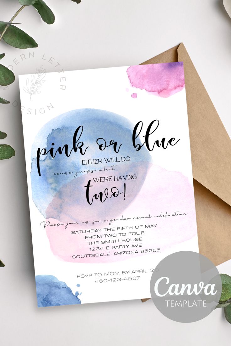 A pink and blue watercolor gender reveal invitation that is sold on etsy by Modern Letter. Says "Pink or Blue, Either Will Do! Because guess what.. We're Having Two!" Twin Gender Reveal Ideas For Party, Twin Gender Reveal Themes, Gender Reveal For Twins Ideas, Gender Reveal Ideas Twins, Twin Gender Reveal Ideas Unique, Gender Reveal For Twins, Gender Reveal Invitation Ideas Template, Twin Gender Reveal Invitations, Twins Gender Reveal Ideas