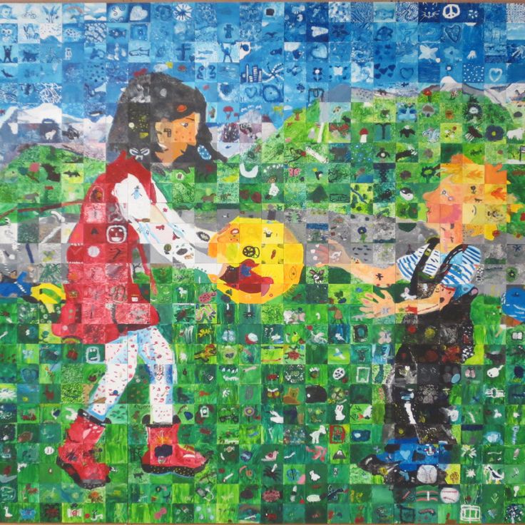 a painting of two children holding hands in front of a green field with trees and mountains