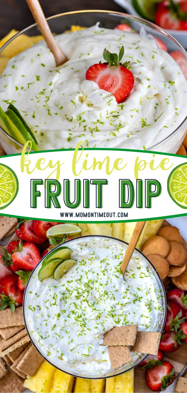 a bowl filled with fruit dip surrounded by crackers, strawberries and limes