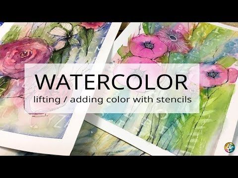 three watercolor paintings with the words,'lifting / adding color with stencils '