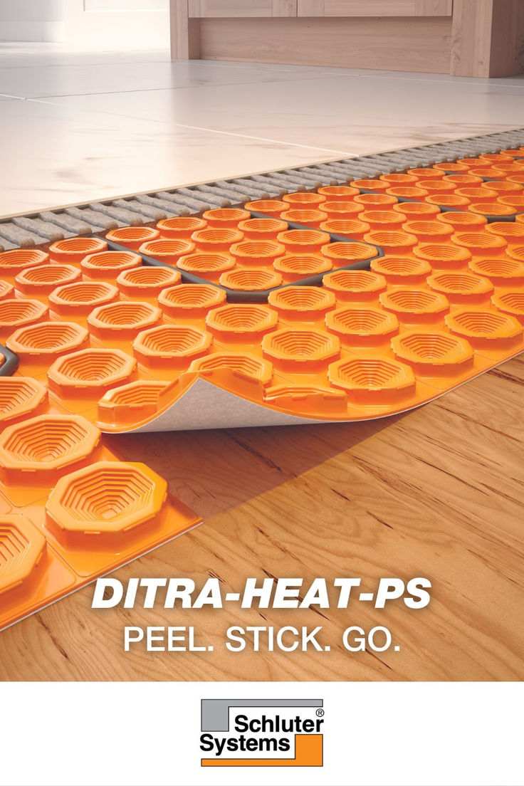 an advertisement for a heating system with orange circles on the floor and in the middle