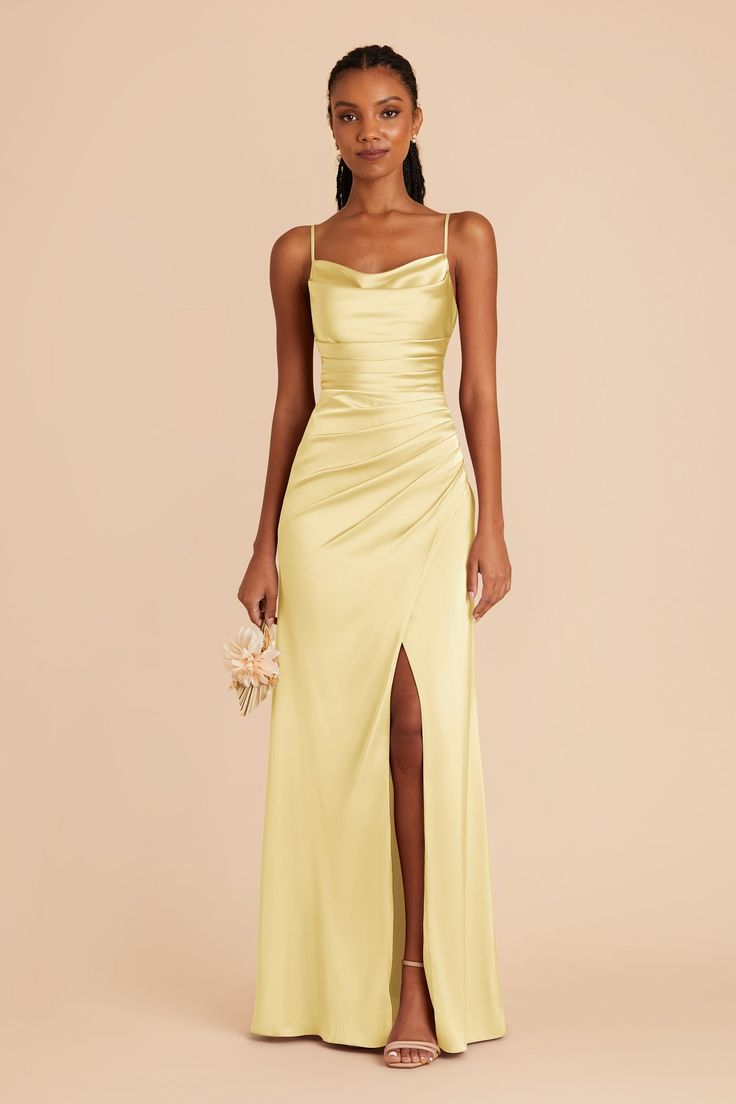 Lydia Matte Satin Dress - Lemon SorbetLydia Matte Satin Dress - Lemon Sorbet Formal Dresses Long Yellow, Cute Prom Dresses Yellow, Pretty Yellow Prom Dresses, Pastel Yellow Long Dress, Yellow Long Dress Formal, Soft Yellow Prom Dress, Long Dress Hoco, Golden Yellow Prom Dress, Satin Strapless Prom Dress