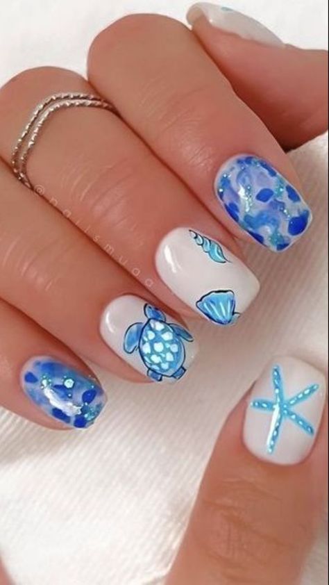 Starfish Nails, Turtle Nails, Summer Nails 2024, Teen Nails, Cruise Nails, Girls Nail Designs, Beachy Nails, Nail Looks, Cute Simple Nails