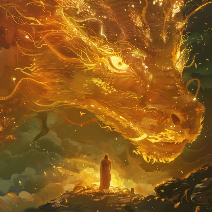 a person standing in front of a fire breathing dragon