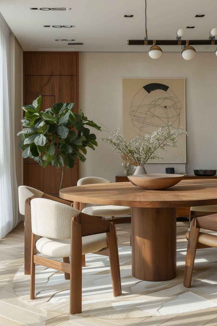 a dining room table with chairs and a potted plant