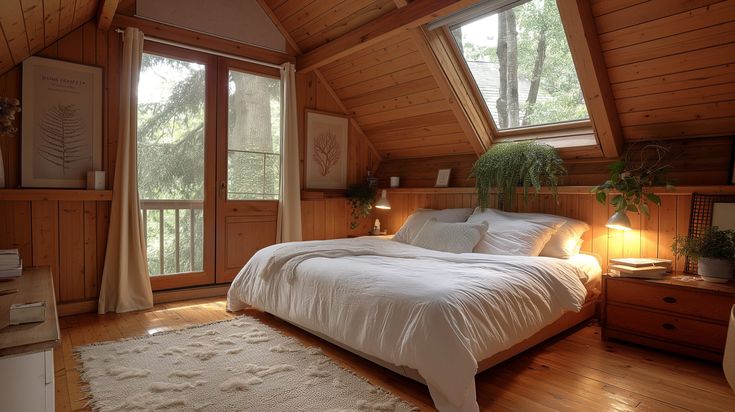 a bedroom with wood paneling and white bedding in the middle of an attic