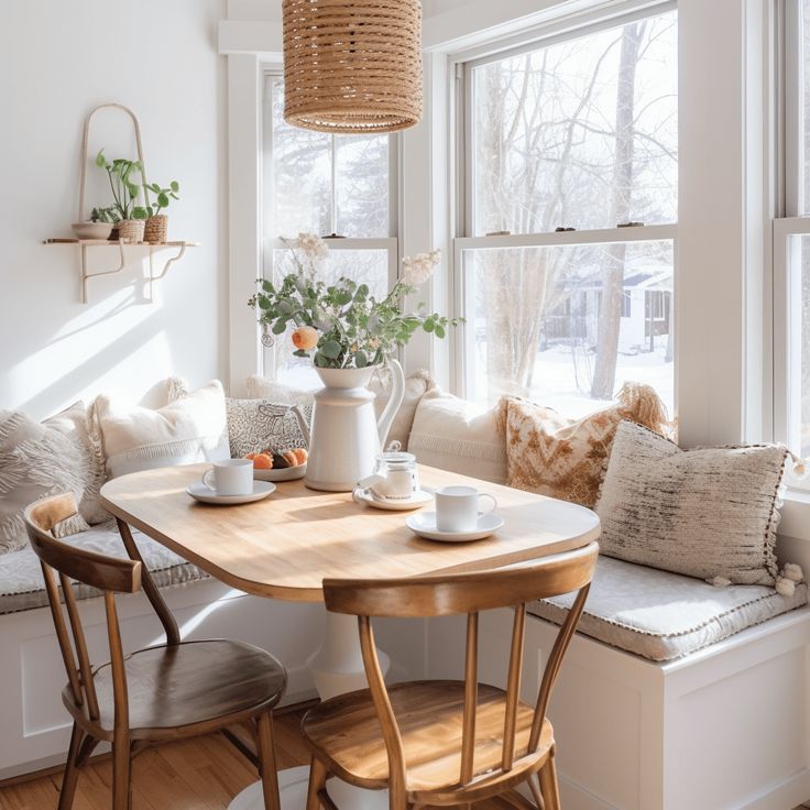 a table with two cups on it in front of a window filled with plants and pillows