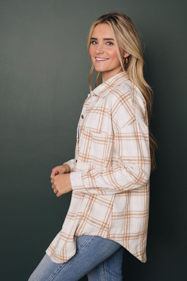 Loose Fit. Sizing: Small 0-4 Medium 6-8 Large 10-12 XL 14-16 Comes in: Pink , Black & Khaki Model is wearing a size small. 100%Cotton Spring Cotton Collared Flannel Shirt, Cotton Tops With Button Closure For Fall, Fall Cotton Tops With Button Closure, Everyday Collared Tops For Fall, Plaid Long Sleeve Top For Fall, Relaxed Fit Collared Flannel Shirt For Spring, Cotton Tops With Pockets For Autumn, Fall Cotton Tops With Pockets, Beige Buttoned Tops For Fall