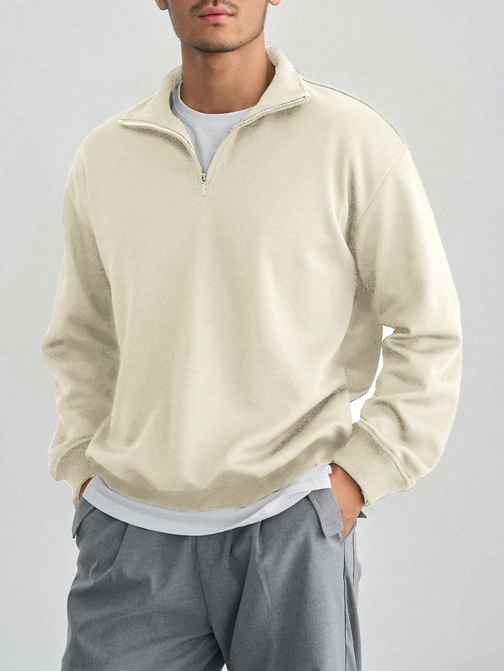 Men's Solid Color Half Zipper Pullover Sweatshirt Beige Casual  Long Sleeve Knitted Fabric Plain Half Placket Non-Stretch  Men Clothing, size features are:Bust: ,Length: ,Sleeve Length: Half Zip Oversized Sweatshirt, Copenhagen Style Men Winter, Old Money Style Men Autumn, Mens Clothes Styles, Cool Toned Outfits Men, Zip Up Jacket Outfit Men, Clean Men Aesthetic, Men’s Clothing Style, Half Zip Pullover Outfit Men