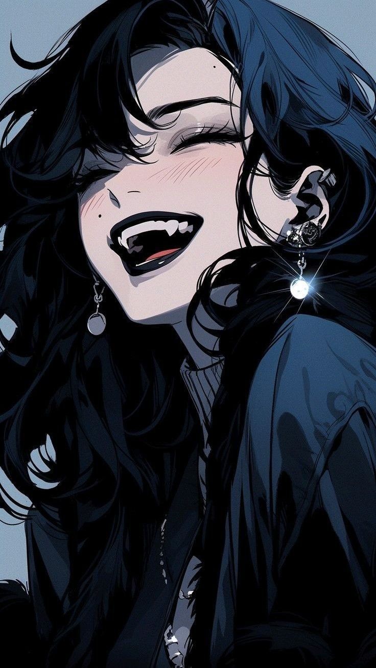 a drawing of a woman with black hair and piercings on her ears, smiling at the camera