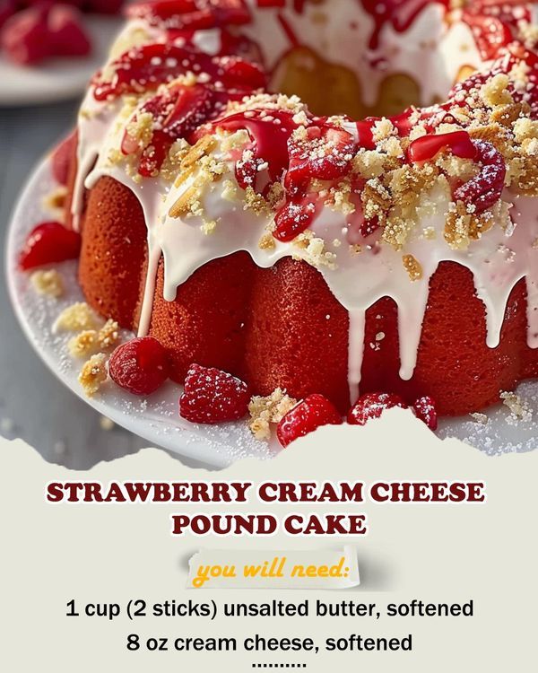 a strawberry cream cheese pound cake on a plate