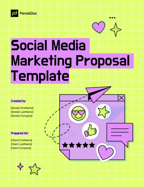 the cover of social media marketing proposal template with stars and hearts on green paper background