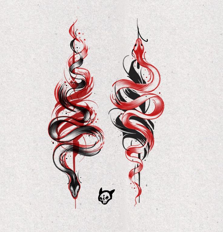 two red and black swirls on white paper, one with a skull in the middle