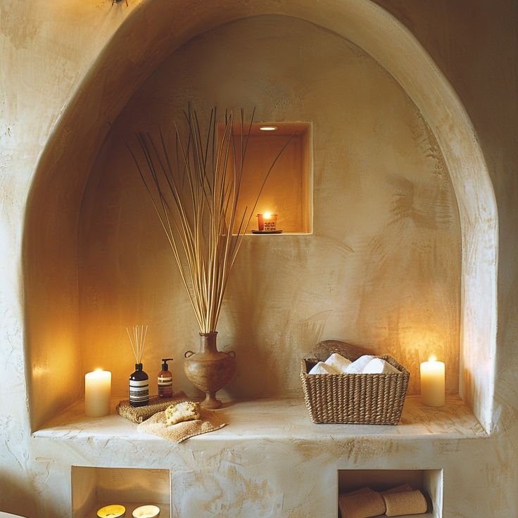 a spa room with candles, soaps and towels on the shelf next to it