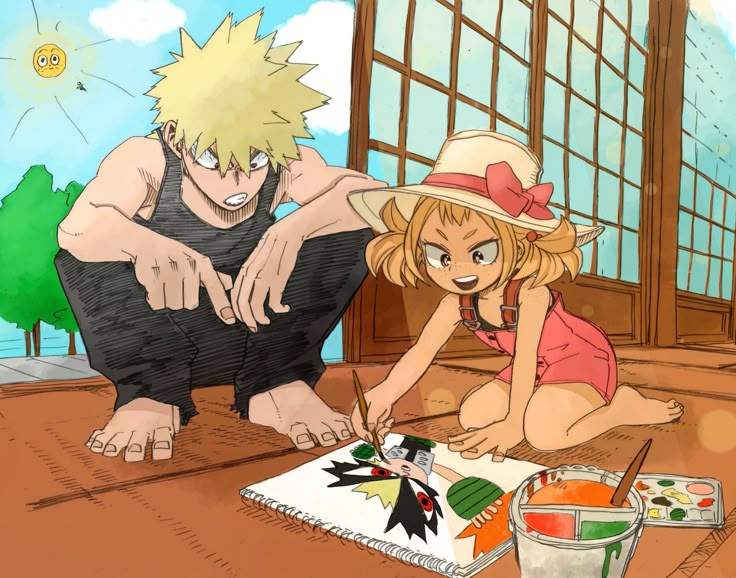 two anime characters sitting on the ground and one drawing